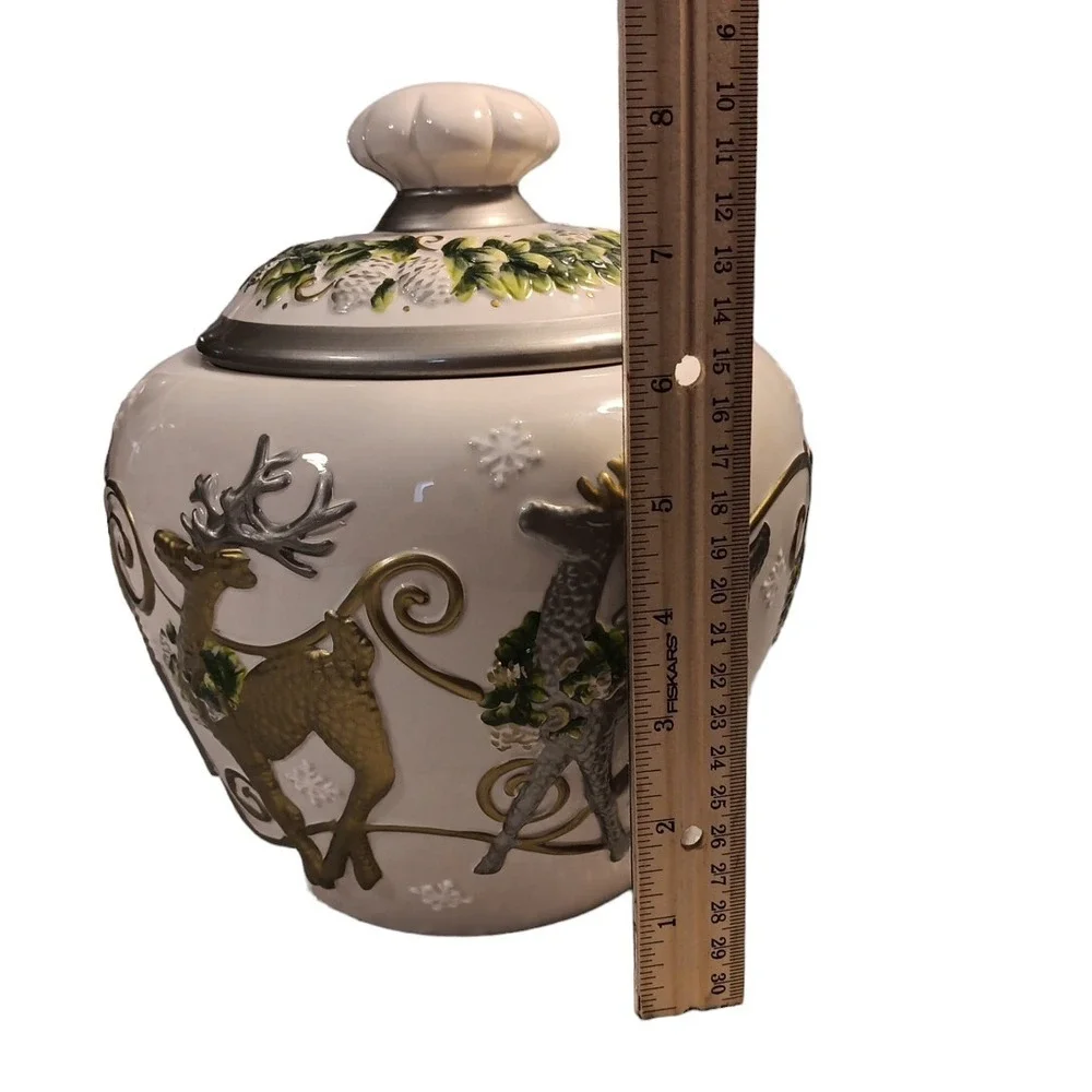 Cheryl & Co. Gold Silver White Vintage Ceramic Christmas 3D Reindeer Cookie Jar